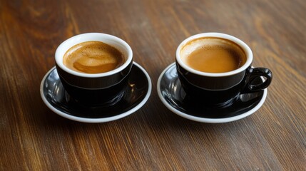 Two espresso cups on a wooden table