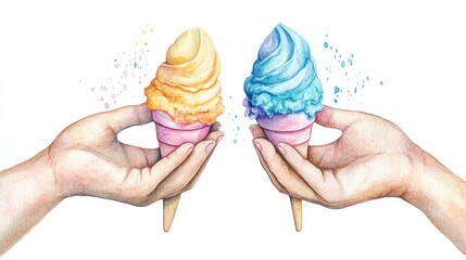 Two hands holding ice cream cones, watercolor style