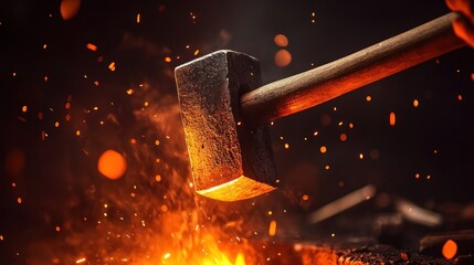 Metal hammer strikes glowing forge