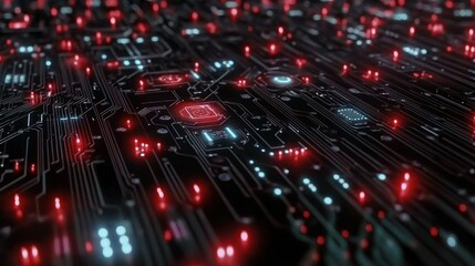 Close-up of a detailed circuit board with glowing red and blue lights