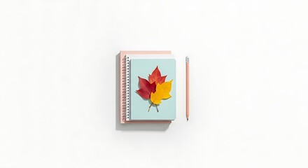 Autumn Workspace Flat Lay with Notebook, Pencil, and Colorful Maple Leaves on White Background