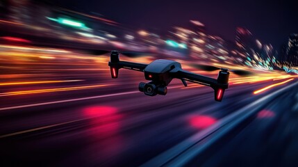Drone flies over a city street at night, with blurred lights and motion blur