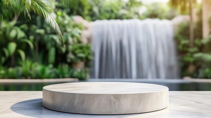 Gray marble pedestal, tropical waterfall backdrop