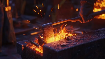Hot metal being hammered in a forge. Sparks fly
