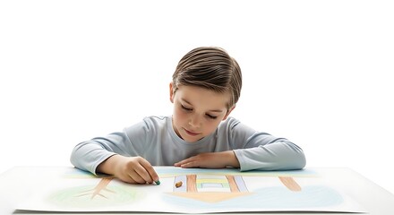 Concentrated Young Boy Drawing a House with Crayons on White Background