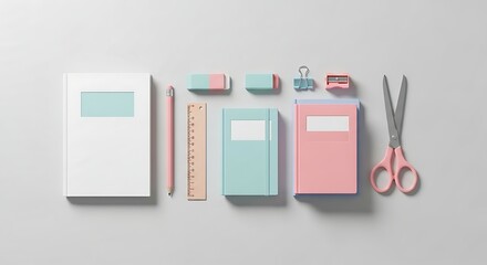 Minimalist Pastel Stationery Flat Lay on Grey Background: Notebooks, Pencil, Ruler, Eraser, Scissors, Sharpener
