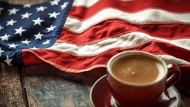 Red coffee cup resting on rustic wooden table with american flag