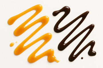 Delicious zigzag swirls of caramel and chocolate sauce on white background. Sweet dessert toppings...
