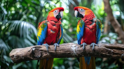 Obraz premium Colorful Scarlet Macaws Sitting on a Tree Branch in a Lush Green Tropical Forest