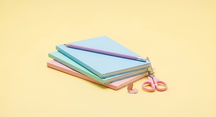 Pastel Stationery Set: Notebooks, Pencil, and Scissors on Yellow Background