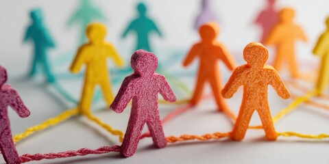 Colorful paper people figures connected by lines on a white background, symbolizing the concept of social networks and human communication technology Generative AI