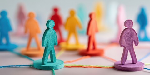 Colorful paper people on colored round stands, connected by colorful lines, represent a social network concept with a copy space area for text Generative AI