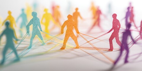 A network of colorful paper figures connected by thin lines, representing the concept of social networks and global communication Generative AI