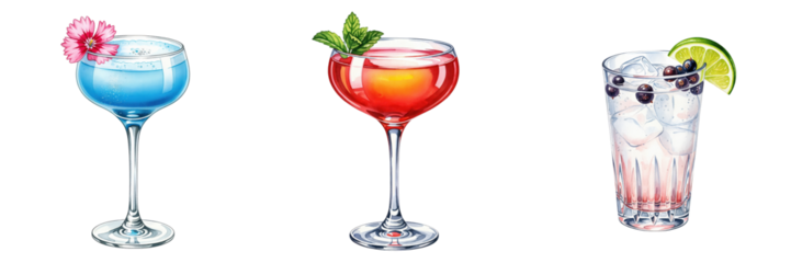 Set of three colorful cocktail illustrations. Blue drink with flower, red drink with mint, and a highball with berries and lime, isolated on a transparent background.