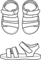 Sandals with Stitched Straps, Rounded Toe Footwear, Fashion Design Illustration, Sole Detail Drawing, Casual Shoe Sketch, Black and White Vector Art