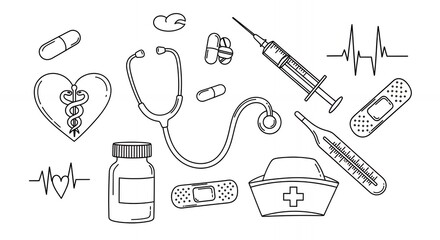 Monochrome Medical Line Art Drawing Featuring Stethoscope Syringe Heart and Bandages Medication Bottle and Nurse Cap Isolated on White Background Medical Hand Drawn Sketch Line Art Outline Doodle