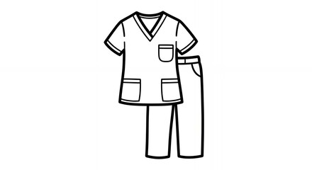 Monochrome Medical Scrub Uniform Line Art Illustration Featuring a V Neck Top with Pockets and Matching Pants in Minimalist Style, Perfect for Designs and Educational Purposes medical hand drawn