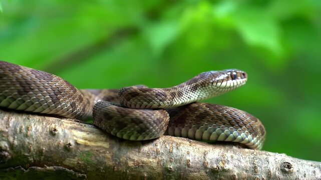 Detailed Close Up of Gray Ratsnake Pantherophis Spiloides Coiled on Branch with Blurred Green Background Depicting Wildlife and Reptile Behavior in Natural Habitat Snake's Intricate Scales and