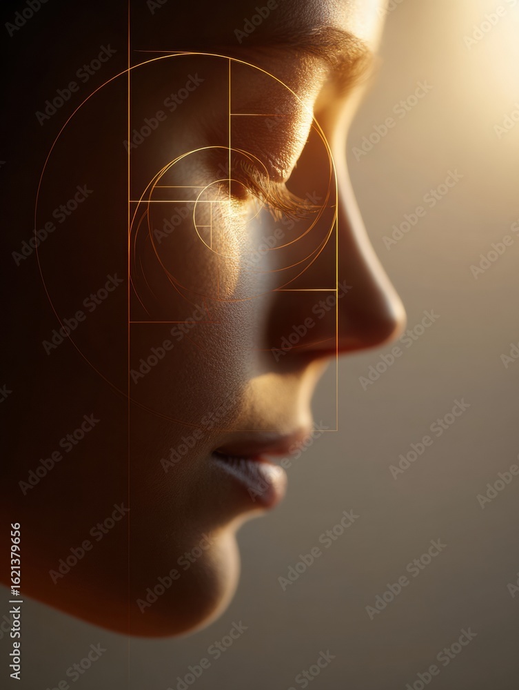 Poster golden ratio diagram illuminating serene features of a face with a clean minimal background at dusk