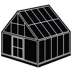 Black and white graphic of a greenhouse with transparent glass roof
