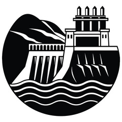 Monochrome Stylized Illustration of a Hydroelectric Dam with Mountains and Waves