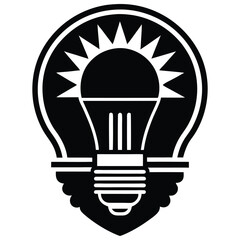 Black and white image of an innovative light bulb with sunbeams