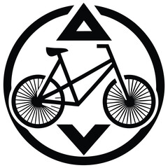 Monochrome bicycle illustration with arrow indicators inside of a circle mark