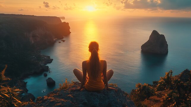 Woman sitting on cliff at sunset.
Peaceful traveler sitting on cliff, admiring ocean at sunset. Scenic view celebrating freedom, mindfulness and exploration on Tourism Day - Powered by Adobe