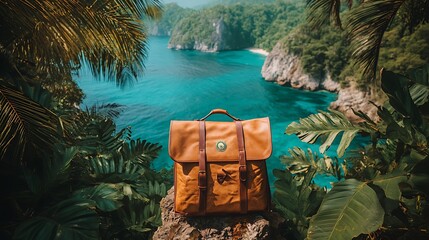 Backpack on cliff with tropical bay view. 
Adventure-ready leather backpack on cliffside with turquoise waters below. Dream travel destination for nature lovers. Celebrate exploration on Tourism Day