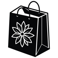 Simple black shopping bag with a stylized white flower on it