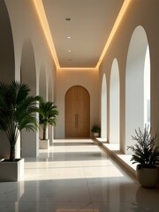 Fototapeta premium Sunlit hallway features arched windows, indoor plants, and a polished floor in a modern setting. death, funeral
