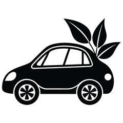 Black silhouette of a eco friendly car with plant leaves emerging