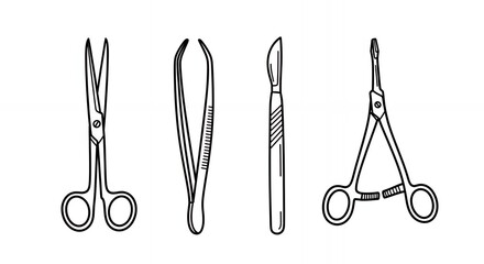 Surgical Instruments Clip Art Medical Tools Collection Hand Drawn Sketch Line Art Outline Doodle Minimal Black and White Simple Cartoon Drawing Illustration Vector Style Clean Design