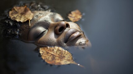 Obraz premium Face Reflection on Tranquil Water Surface Surrounded by Floating Leaves at Dawn With a Serene Expression Captured in Nature