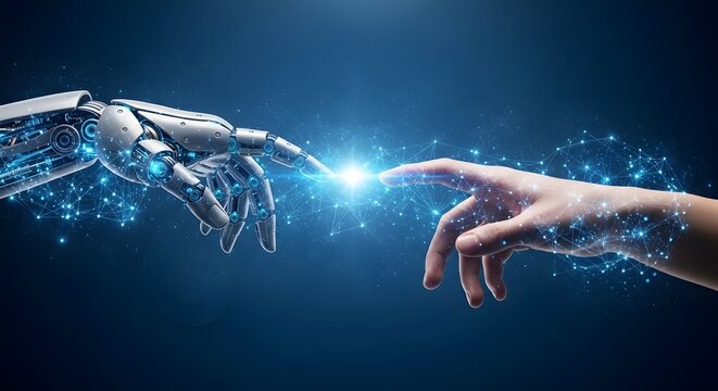 The Dawn of Connection: Human and Machine Hands Bridging Worlds with a Spark of Digital Innovation and Future Partnership
