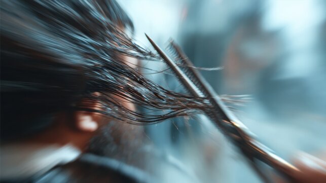 Mid Haircut Moment Captured With Scissors Poised Mid-Air Against Blurred Background in Salon - Powered by Adobe