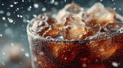Obraz premium Refreshing Cold Beverage: Close-up of Fizzy Drink with Ice Cubes and Bubbles