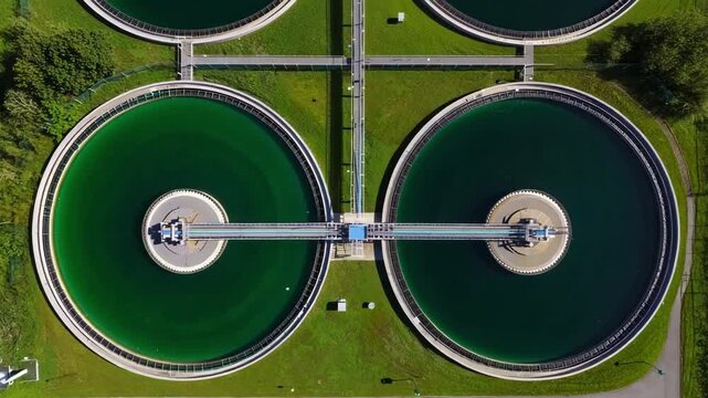 Water treatment plant, aerial view, industrial facility, circular tanks, wastewater management, environmental engineering, clean water process, modern infrastructure, purification system, sustainable 