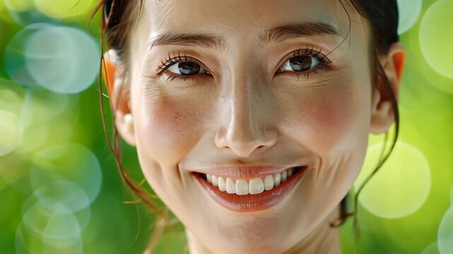Radiant Smile: A portrait of a woman exuding happiness with an effortless and genuine smile, with her gaze directly towards the viewer and a backdrop of verdant nature.