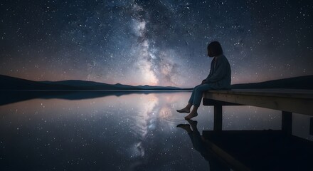 Lone figure contemplates the vastness of the Milky Way, reflecting on a tranquil lake under a starry night sky.