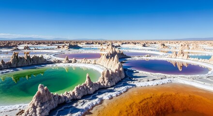 Vibrant Multi-Colored Salt Lagoons in the Atacama Desert Under a Bright Blue Sky, Showcasing Unique Mineral Formations and an Otherworldly Landscape