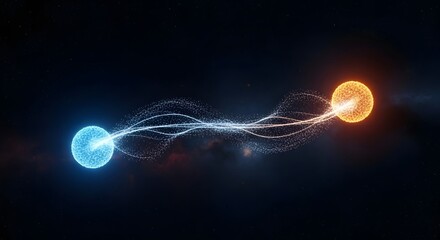 Two Glowing Spheres Connected by Energy Stream on Dark Background Illustrating Power, Connection, and Abstract Concepts