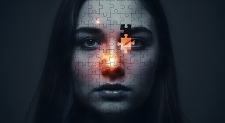 Woman's Face Composed of Puzzle Pieces with a Glowing Gap, Symbolizing Mental Health Challenges and the Search for Wholeness