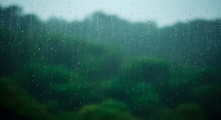 Rainy Day Serenity: Droplets on Window Overlook Lush Green Forest, Capturing a Soothing Atmosphere of Nature's Refreshment and Tranquility