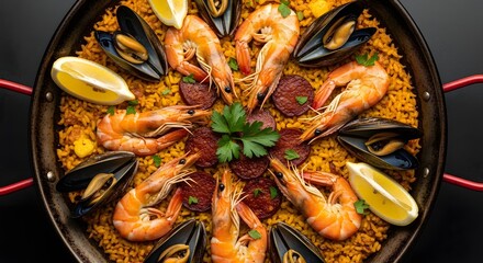 Gourmet Seafood Paella: A Vibrant Medley of Prawns, Mussels, and Chorizo on Saffron Rice, Garnished with Fresh Lemon and Parsley for an Authentic Spanish Culinary Experience