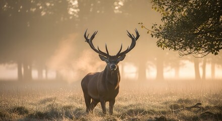 Majestic Red Deer Stag in a Misty Morning Field, Illuminated by Golden Sunlight, Portraying Wildlife's Serenity and Natural Splendor