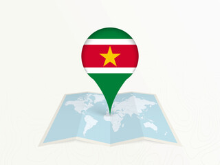 Fototapeta premium Suriname Map Pin with National Flag on Open World Map.