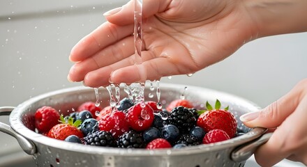 Washing Fresh Mixed Berries in a Colander Under Running Water for Healthy Snacking and Recipe Preparation