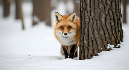 Red Fox Peeks Shyly from Behind a Tree in a Winter Wonderland, Capturing the Essence of Wild Nature and Animal Grace in Snow