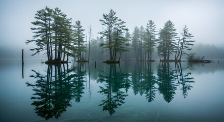 Misty Morning Serenity: Pine Trees Reflected in a Tranquil Lake, Capturing a Peaceful and Ethereal Wilderness Landscape